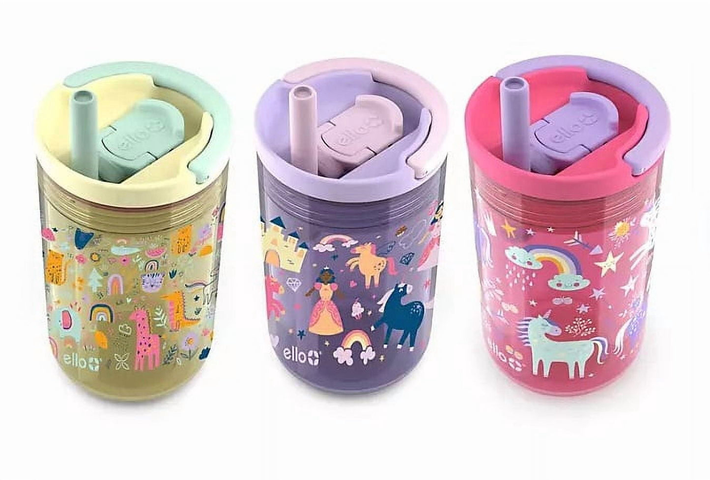 Ello 12 Oz Animal Princess & Unicorn Spill Proof PlasticTumbler Glasses (set of 3)