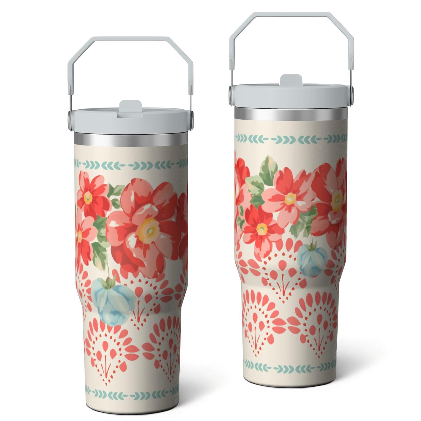 Frostbuddy™ 30oz Pioneer Colorful Floral Stainless Steel Flip Straw Tumbler with Lid - Reusable Stainless Steel Cup