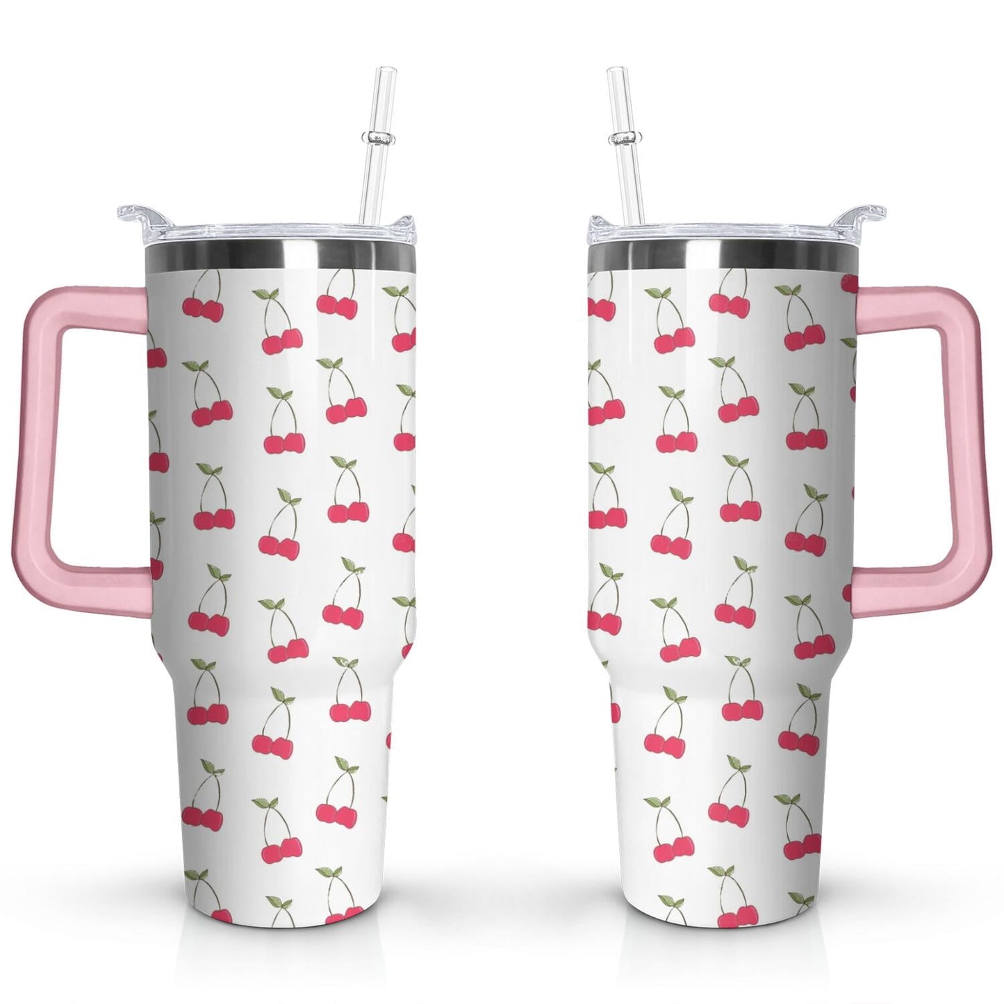 Frostbuddy™ 40oz Red Cherry Fruit Pattern Stainless Steel Flip Straw Tumbler Spill - Reusable Stainless Steel Cup