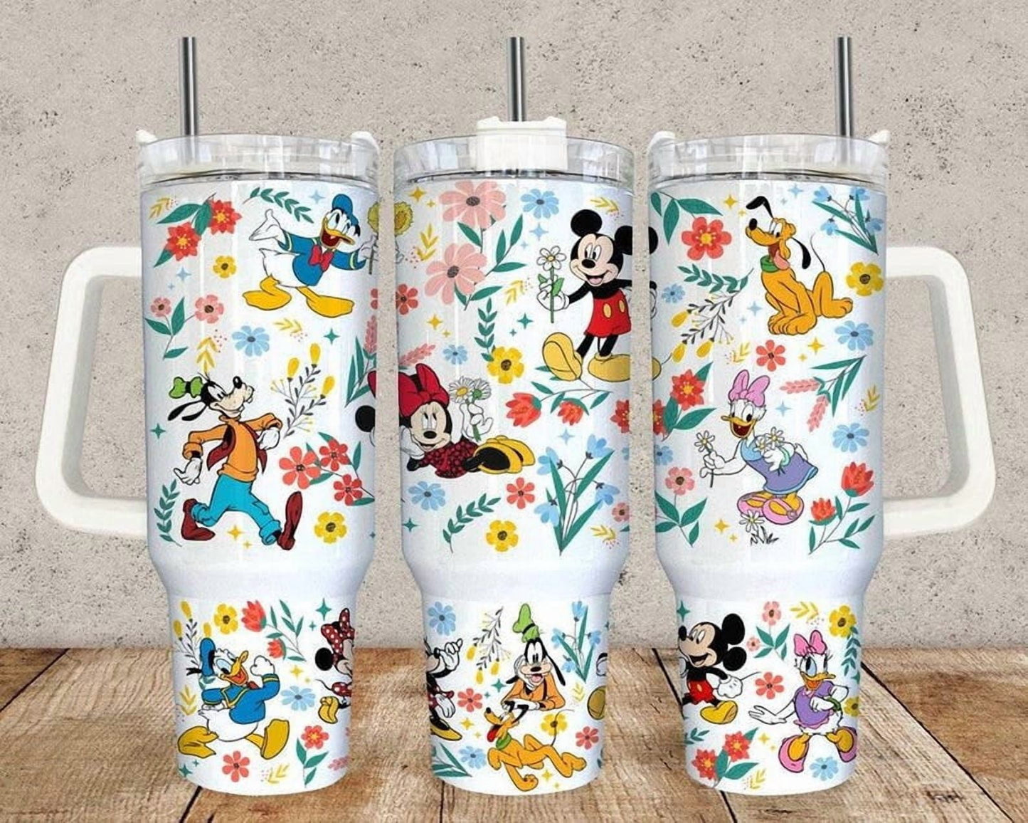 Disney Mickey & Friends 40oz Tumbler with Handle – Floral Mickey Minnie Donald Goofy Insulated Cup, Magic Kingdom Travel Mug with Straw, Classic Disney Gift