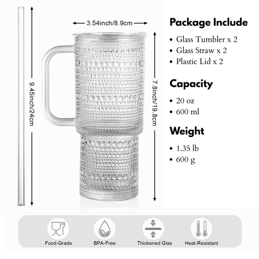 26oz Drinking Glasses with Handle & Lid – 2-Pack Large Iced Coffee Cups with Straws, Modern Glass Tumbler for Cold & Hot Beverages, Aesthetic Travel Cup for Smoothies, Tea, and Juice