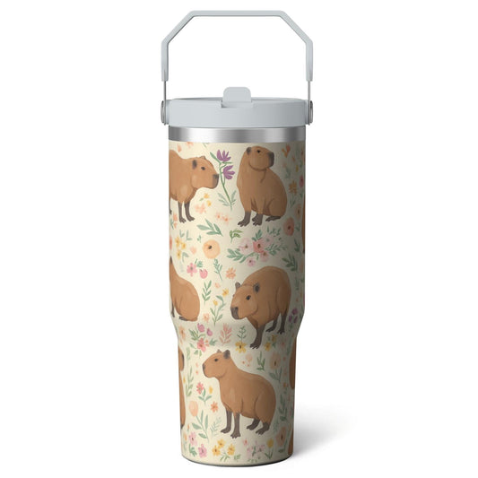 Frostbuddy™ 1pc Capibara 30oz Tumbler with Straw & Handle - Insulated Stainless - Reusable Stainless Steel Cup