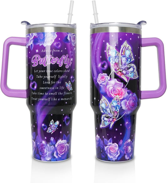 Frostbuddy™ 40 oz Tumbler with Handle and Straw Lid, Purple Butterfly Insulated - Reusable Stainless Steel Cup