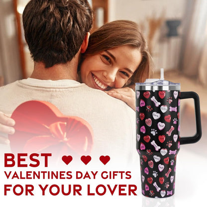 Valentines Day Gifts 40 oz Tumbler with Handle and Straw Lid,Valentine''s Day Gift for Her Women Girlfriend Wife Dog Bones and Candy Hearts Vacuum Insulated Leak Proof Stainless Steel Coffee Cup Mug