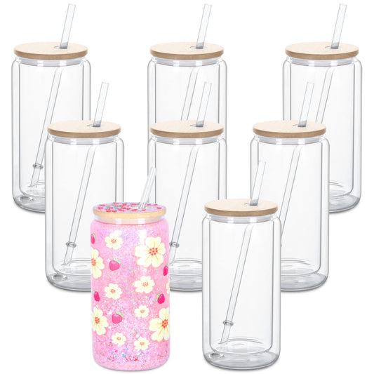16 Oz Glass Snow Globe Tumbler with Bamboo Lid, 8 Pack Double Wall tumblers, Pre-Drilled Snow Globe cups for Glitter Diy Gifts (clear)