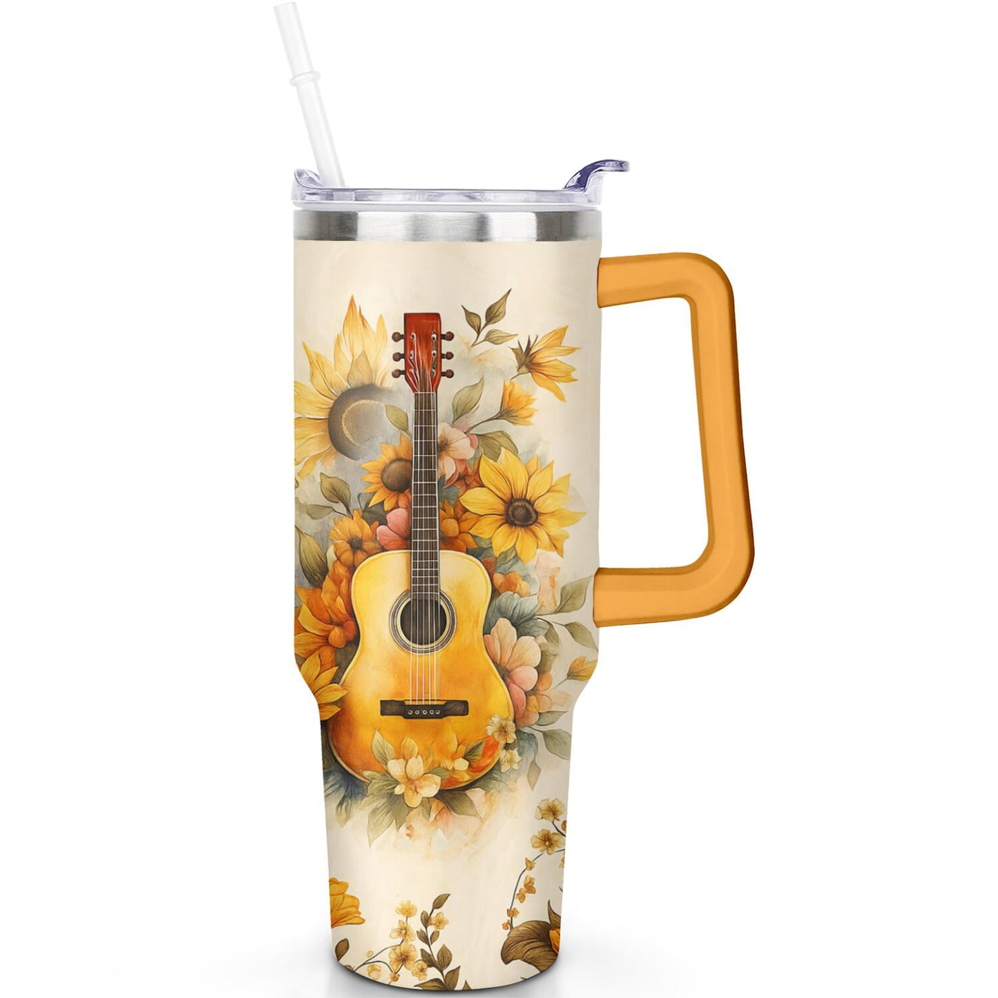 Frostbuddy™ 1pc Sunflower 40oz Tumbler with Straw & Handle - Insulated Stainless - Reusable Stainless Steel Cup