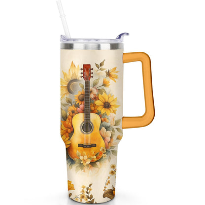 Frostbuddy™ 1pc Sunflower 40oz Tumbler with Straw & Handle - Insulated Stainless - Reusable Stainless Steel Cup