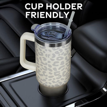 40oz Tumbler with Handle and Straw Lid | Vacuum Insulated Leak Proof Tumbler | Stainless Steel Travel Mug Water Bottle Cup Keeps Cold & Hot | Cream Leopard