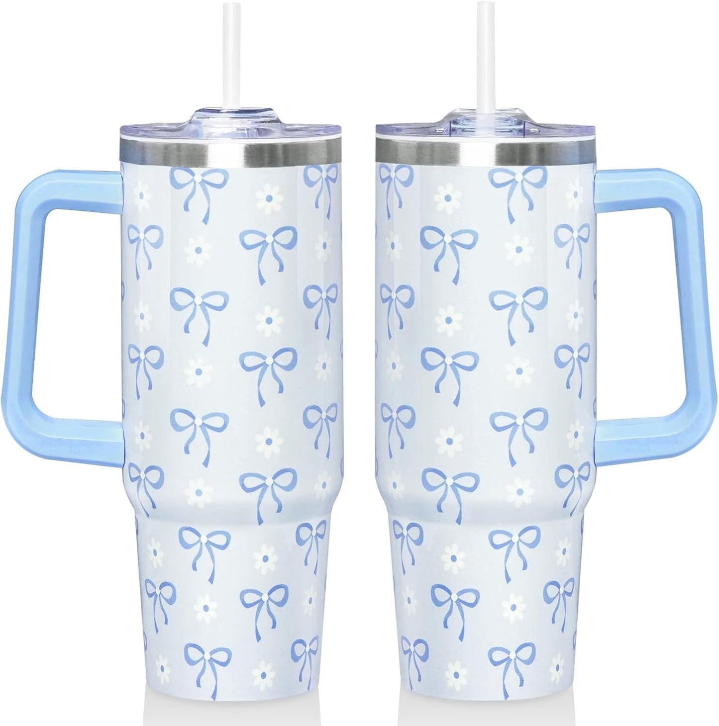 30 Oz Blue Bow Tumbler with Handle and Straw, Insulated Stainless Steel Coffee Travel Cup Mug Water Bottle, Blue Bow Themed Gifts for Women Teen Girl