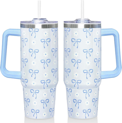 30 Oz Blue Bow Tumbler with Handle and Straw, Insulated Stainless Steel Coffee Travel Cup Mug Water Bottle, Blue Bow Themed Gifts for Women Teen Girl
