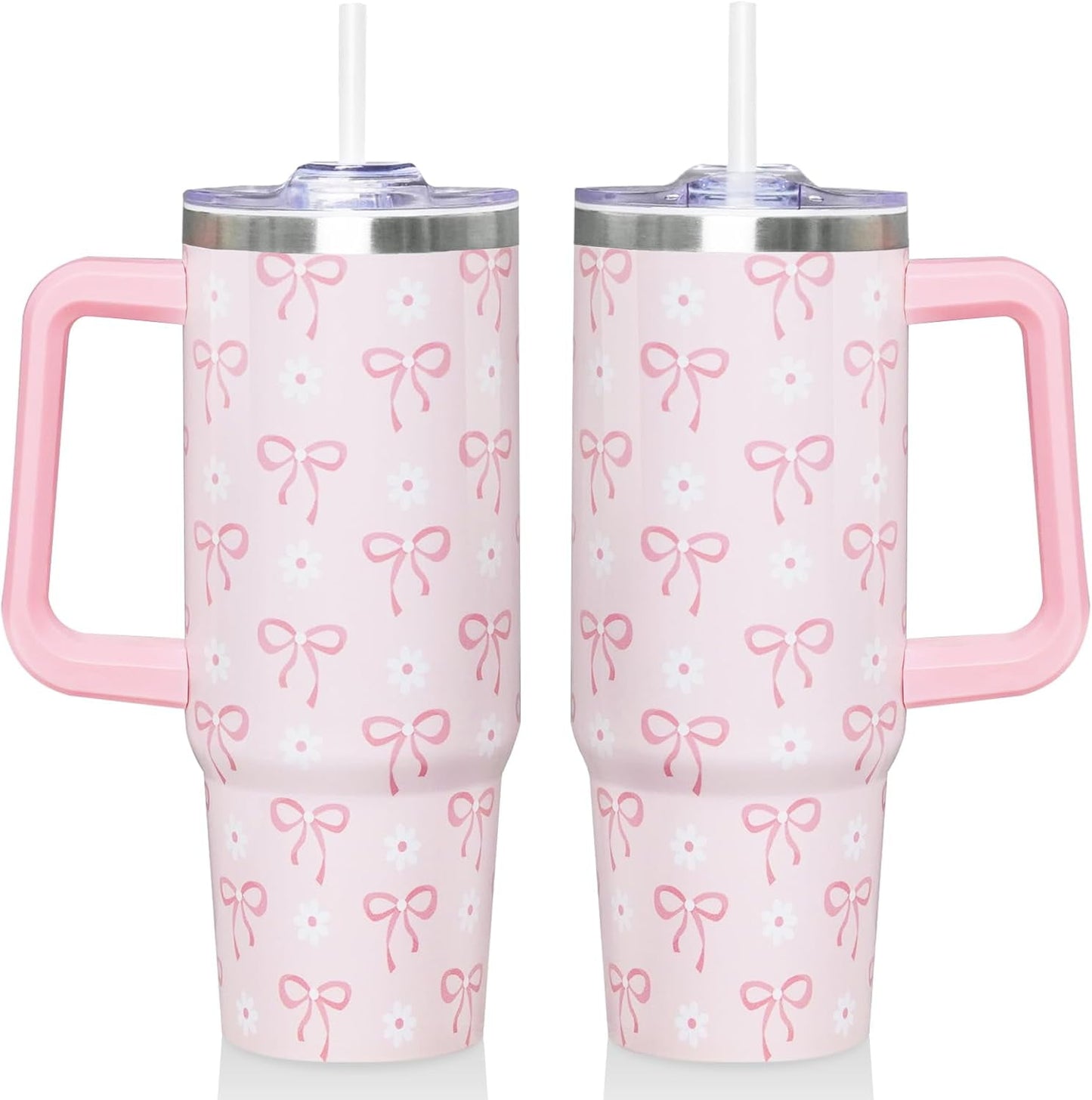 Frostbuddy™ 30 Oz Blue Bow Tumbler with Handle and Straw, Insulated Stainless - Insulated Travel Coffee Mug