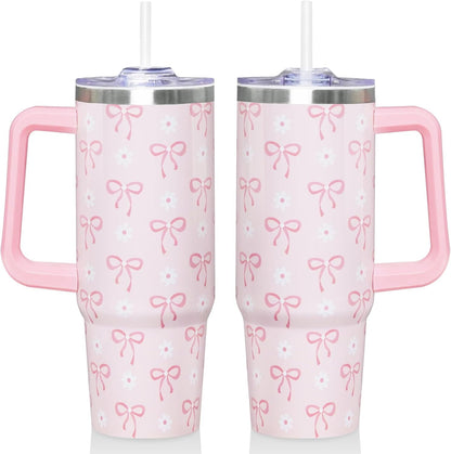 Frostbuddy™ 30 Oz Blue Bow Tumbler with Handle and Straw, Insulated Stainless - Insulated Travel Coffee Mug