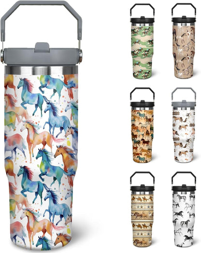 Frostbuddy™ 30 oz Horse Tumbler With Handle and Straw, 30oz Horse Flip - Insulated Travel Coffee Mug