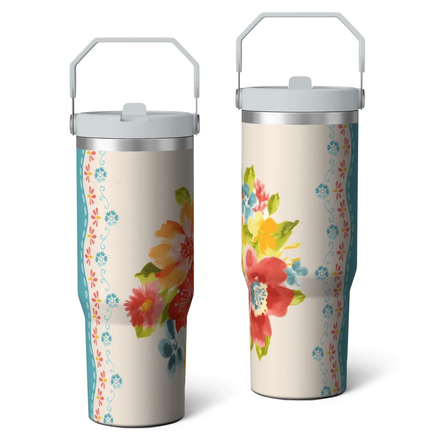 Frostbuddy™ 30oz Pioneer Colorful Floral Stainless Steel Flip Straw Tumbler with Lid - Reusable Stainless Steel Cup