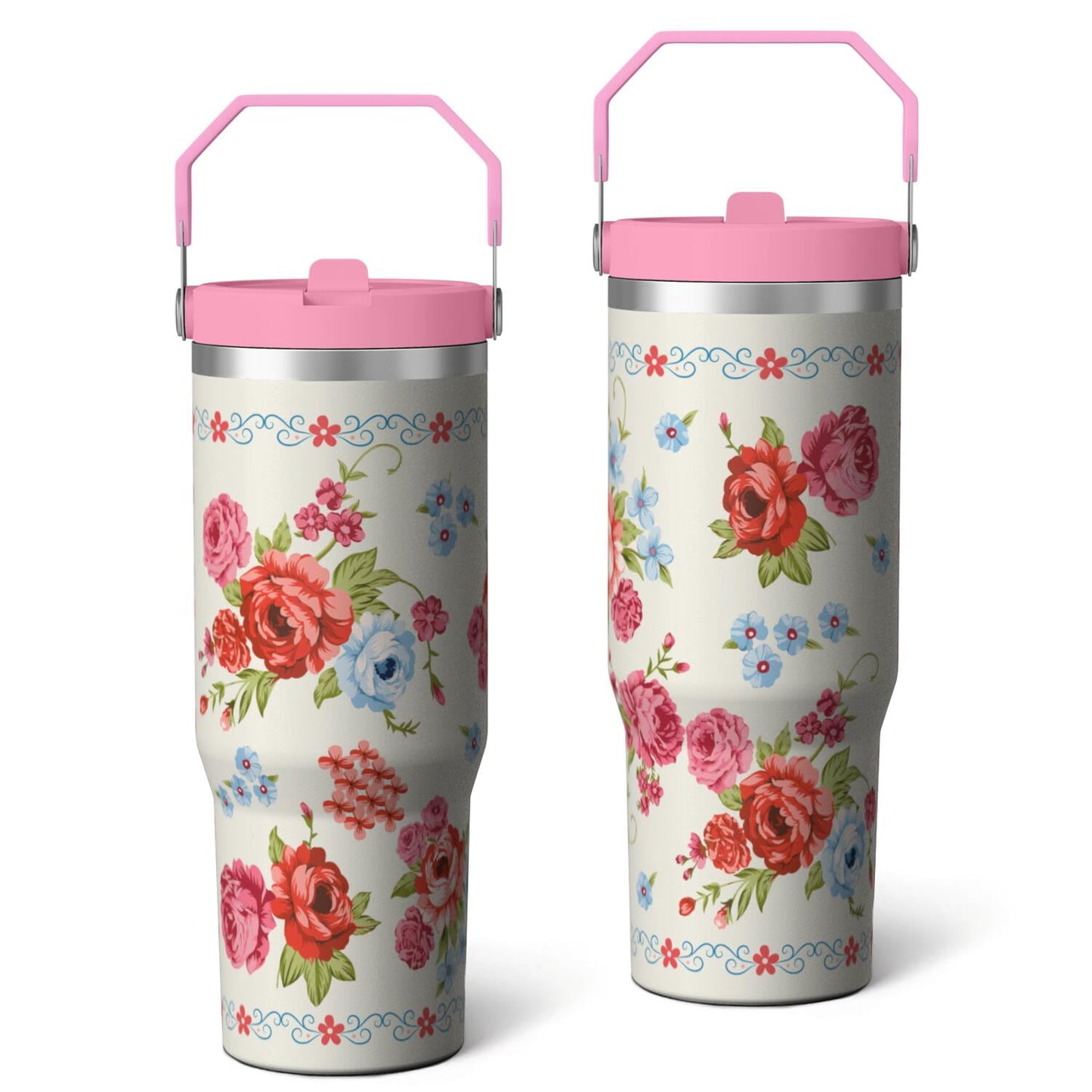Frostbuddy™ 30oz Pioneer Colorful Floral Stainless Steel Flip Straw Tumbler with Lid - Reusable Stainless Steel Cup