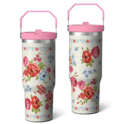 Frostbuddy™ 30oz Pioneer Colorful Floral Stainless Steel Flip Straw Tumbler with Lid - Reusable Stainless Steel Cup