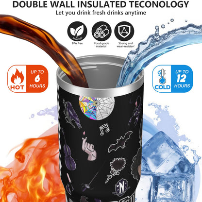 30oz Wednesday Girl Stainless Steel Tumbler with Lid and Straw,Wednesday Stuff Merchandise Spill Proof Travel Cup Double Wall Vacuum Insulated Coffee Mug with Top Handle Black