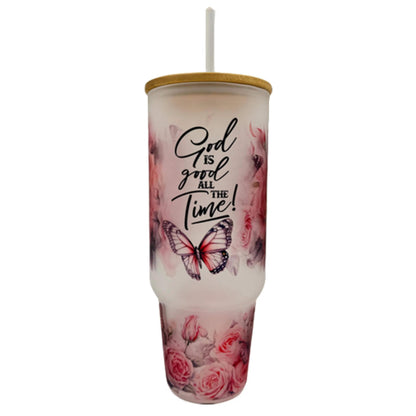 32oz or 40oz God Is Good All The Time custom Sublimation Printed Clear or Frost Glass Tumbler, Mug, Cup with Handle