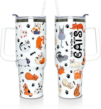 Frostbuddy™ 40 oz Tumbler with Handle and Straw Lid, Purple Butterfly Insulated - Reusable Stainless Steel Cup