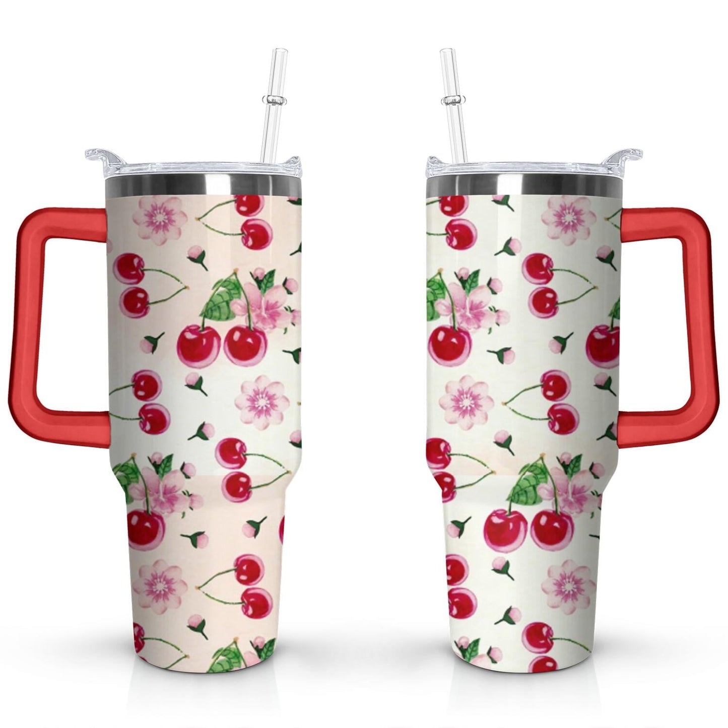 Frostbuddy™ 40oz Red Cherry Fruit Pattern Stainless Steel Flip Straw Tumbler Spill - Reusable Stainless Steel Cup