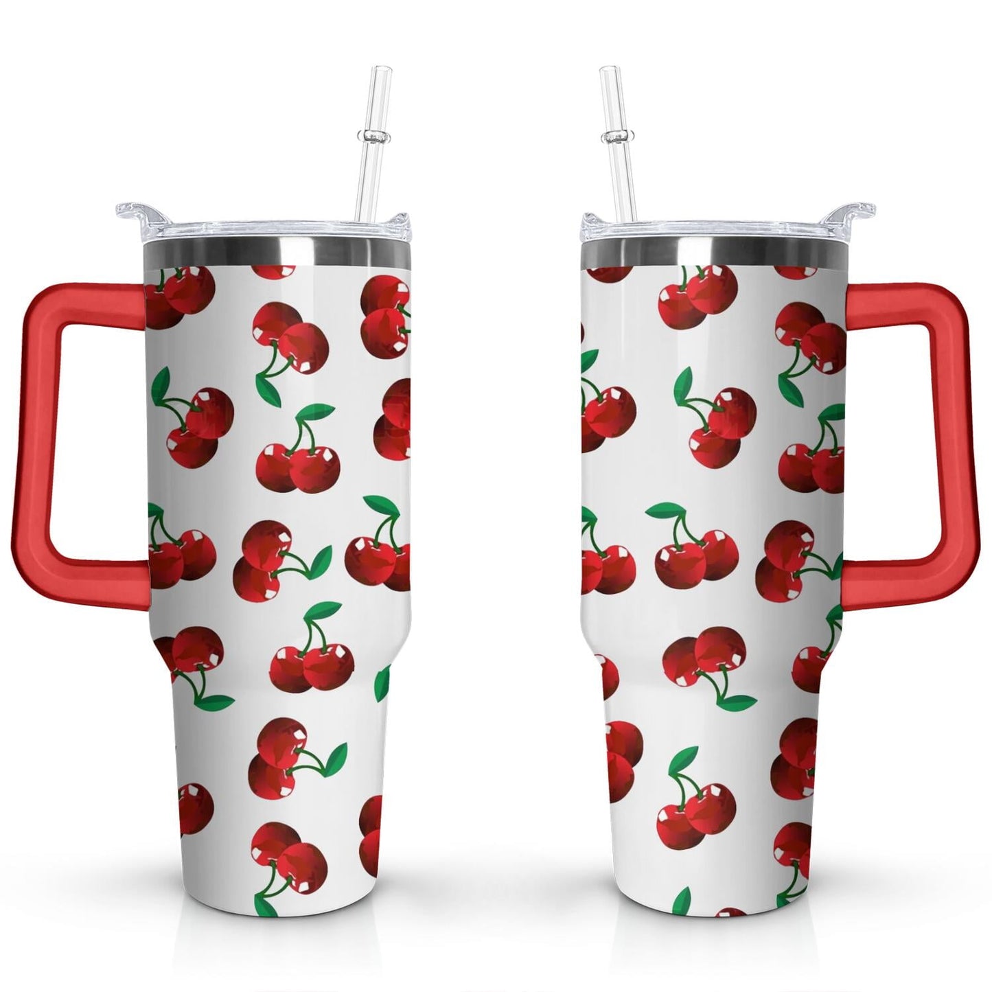 Frostbuddy™ 40oz Red Cherry Fruit Pattern Stainless Steel Flip Straw Tumbler Spill - Reusable Stainless Steel Cup