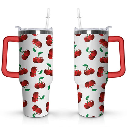 Frostbuddy™ 40oz Red Cherry Fruit Pattern Stainless Steel Flip Straw Tumbler Spill - Reusable Stainless Steel Cup