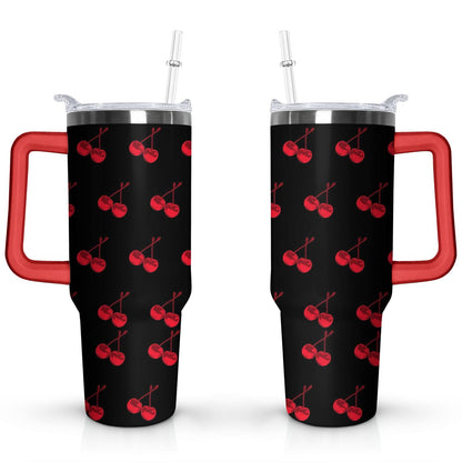 Frostbuddy™ 40oz Red Cherry Fruit Pattern Stainless Steel Flip Straw Tumbler Spill - Reusable Stainless Steel Cup