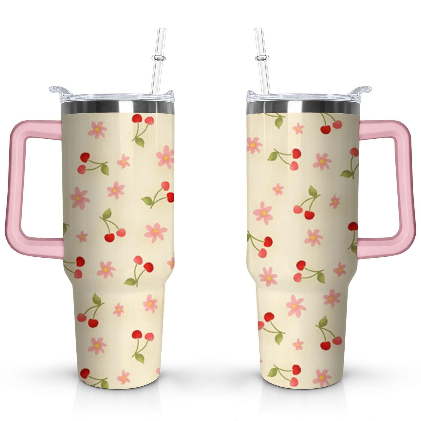 Frostbuddy™ 40oz Red Cherry Fruit Pattern Stainless Steel Flip Straw Tumbler Spill - Reusable Stainless Steel Cup