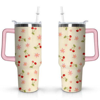 Frostbuddy™ 40oz Red Cherry Fruit Pattern Stainless Steel Flip Straw Tumbler Spill - Reusable Stainless Steel Cup