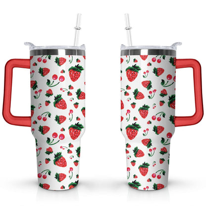Frostbuddy™ 40oz Red Cherry Fruit Pattern Stainless Steel Flip Straw Tumbler Spill - Reusable Stainless Steel Cup