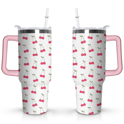 Frostbuddy™ 40oz Red Cherry Fruit Pattern Stainless Steel Flip Straw Tumbler Spill - Reusable Stainless Steel Cup