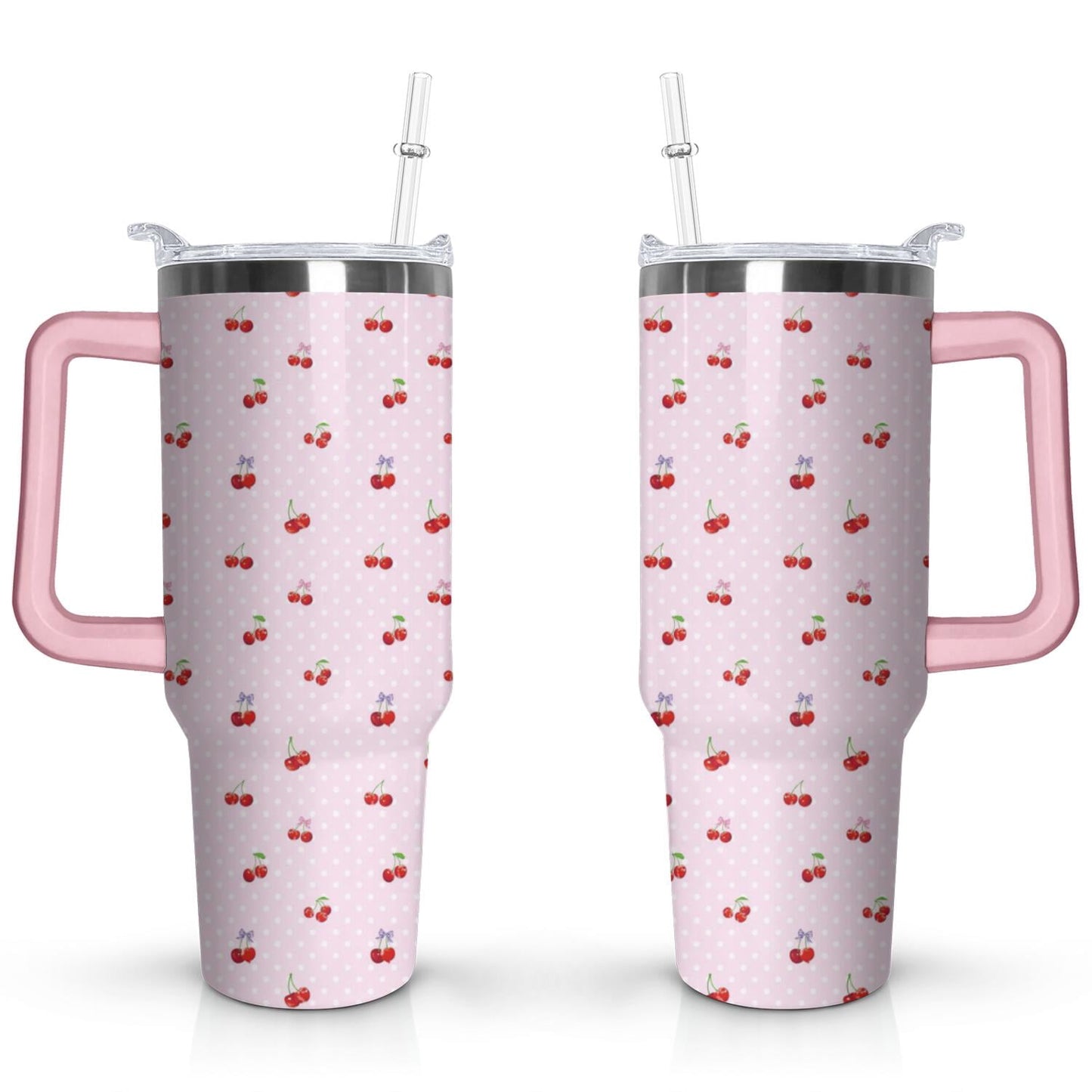 Frostbuddy™ 40oz Red Cherry Fruit Pattern Stainless Steel Flip Straw Tumbler Spill - Reusable Stainless Steel Cup