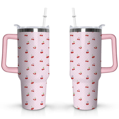 Frostbuddy™ 40oz Red Cherry Fruit Pattern Stainless Steel Flip Straw Tumbler Spill - Reusable Stainless Steel Cup
