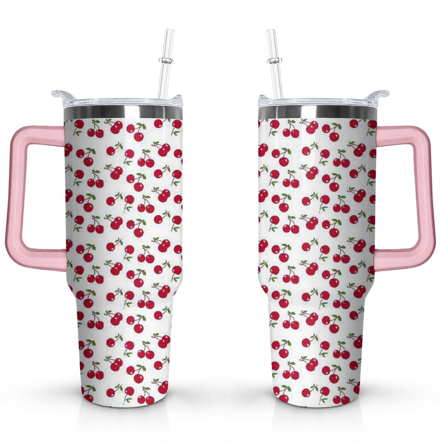 Frostbuddy™ 40oz Red Cherry Fruit Pattern Stainless Steel Flip Straw Tumbler Spill - Reusable Stainless Steel Cup