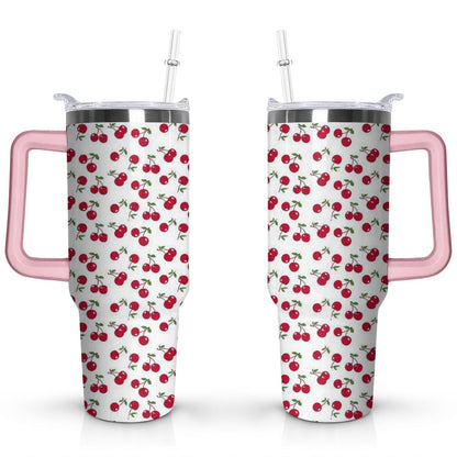 Frostbuddy™ 40oz Red Cherry Fruit Pattern Stainless Steel Flip Straw Tumbler Spill - Reusable Stainless Steel Cup