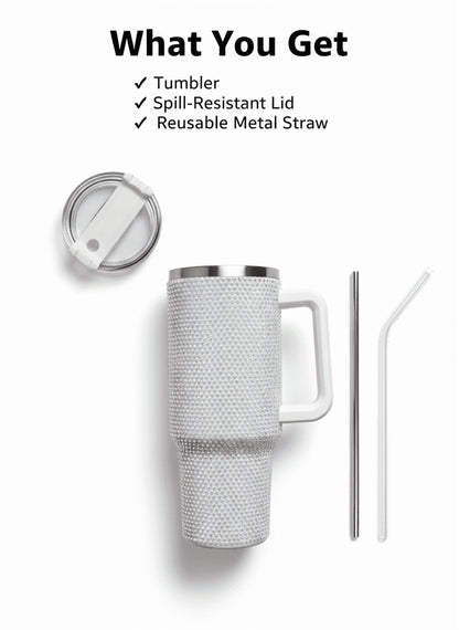Thirstee 40 oz Rhinestone Tumbler with Handle and Metal Straw Lid, White Bling Insulated Travel Mug