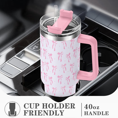 40oz Elegant Pink Bow Tumbler - Insulated Travel Mug with Handle, Reusable Straw & Leak-Proof Lid|Women's Gift for Birthday, Mother's Day, Valentine's & Holidays