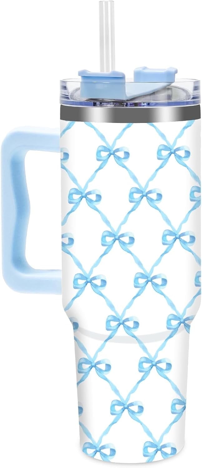 Frostbuddy™ 40oz Elegant Pink Bow Tumbler - Insulated Travel Mug with Handle - Insulated Travel Coffee Mug