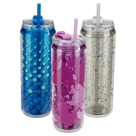 Cool Gear 3-Pack Modern Tumbler with Reusable Straw | Dishwasher Safe, Cup Holder Friendly, Spillproof, Double-Wall Insulated Travel Tumbler | Printed Variety Pack
