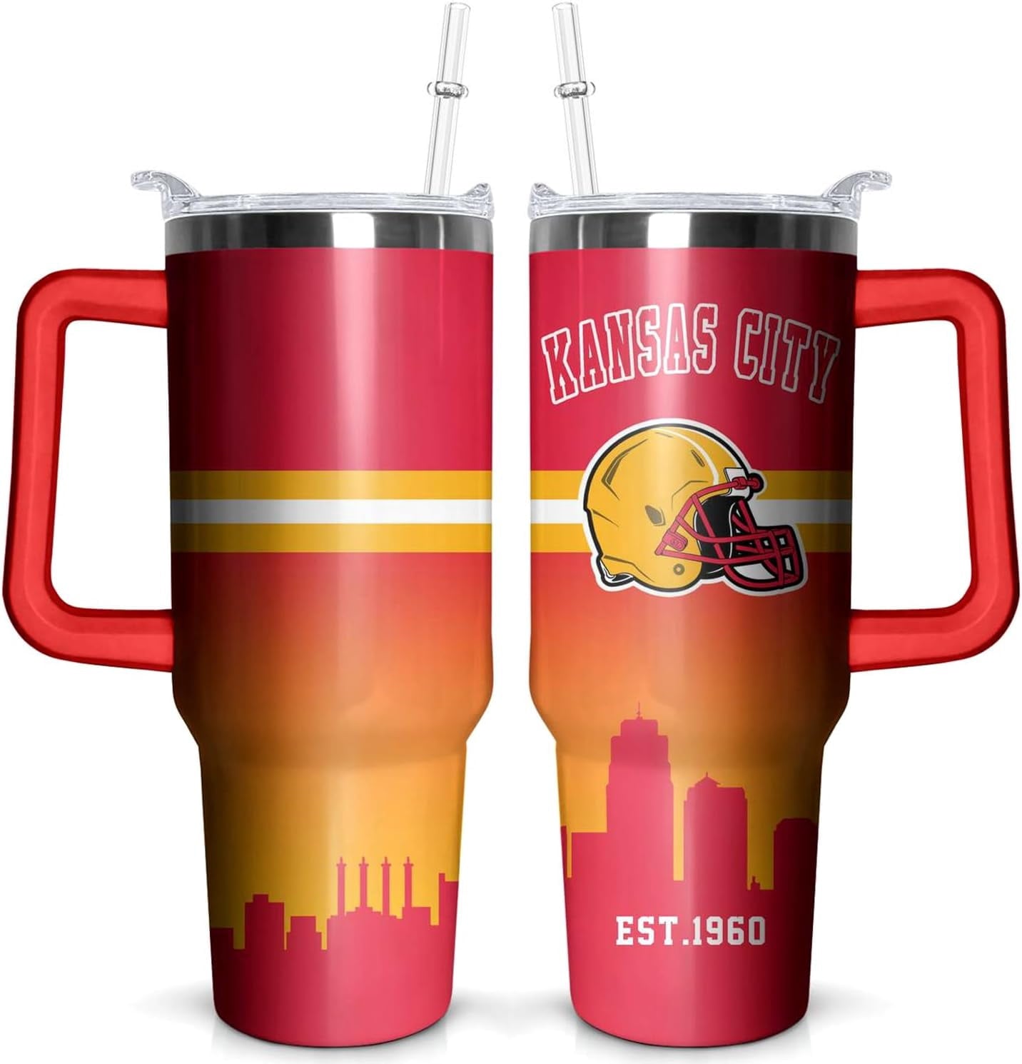 Frostbuddy™ Football 40 OZ Pittsburgh Tumbler with Handle and Straw for Football - Insulated Travel Coffee Mug