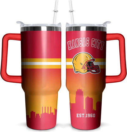 Frostbuddy™ Football 40 OZ Pittsburgh Tumbler with Handle and Straw for Football - Insulated Travel Coffee Mug