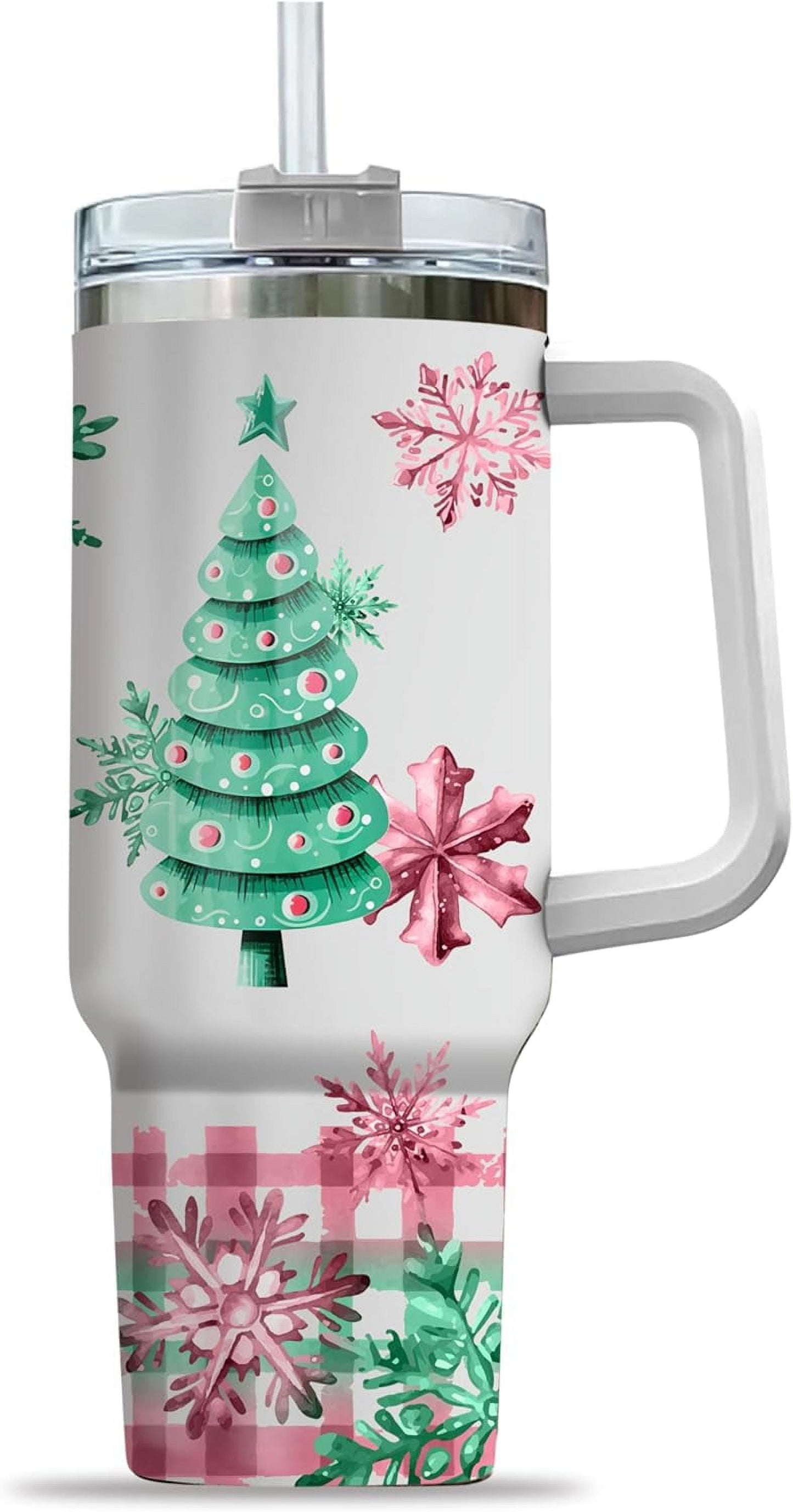 Frostbuddy™ Pink Christmas Tree Cakes Stainless Steel Tumbler 40Oz With Handle Insulated - Insulated Travel Coffee Mug