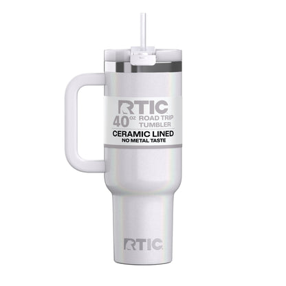 RTIC 40 oz Ceramic Lined Road Trip Tumbler with Handle and Leak-Resistant Straw Lid, White Glitter