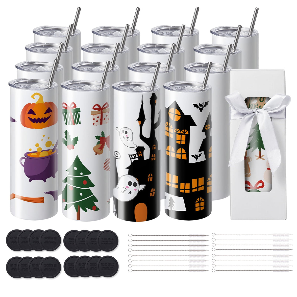 KFFKFF 16-Piece 20oz Slim Sublimation Tumblers, Double-Walled Stainless Steel, Ideal for Custom Heat Transfer Designs, Includes Lids & Straws, Packaged in Gift Boxes
