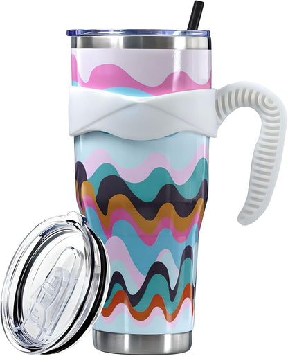 Frostbuddy™ Sunmdecor Pink Leopard Print Tumbler with Handle and Silicone Straws - Insulated Travel Tumbler Cup