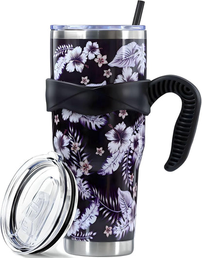 Frostbuddy™ Sunmdecor Pink Leopard Print Tumbler with Handle and Silicone Straws - Insulated Travel Tumbler Cup