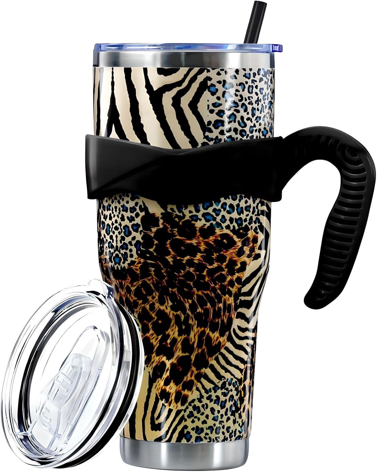Frostbuddy™ Sunmdecor Pink Leopard Print Tumbler with Handle and Silicone Straws - Insulated Travel Tumbler Cup