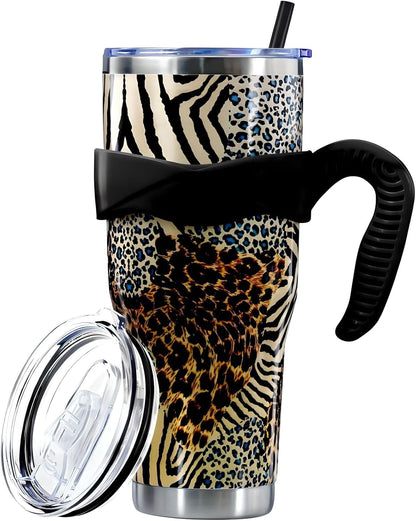 Frostbuddy™ Sunmdecor Pink Leopard Print Tumbler with Handle and Silicone Straws - Insulated Travel Tumbler Cup