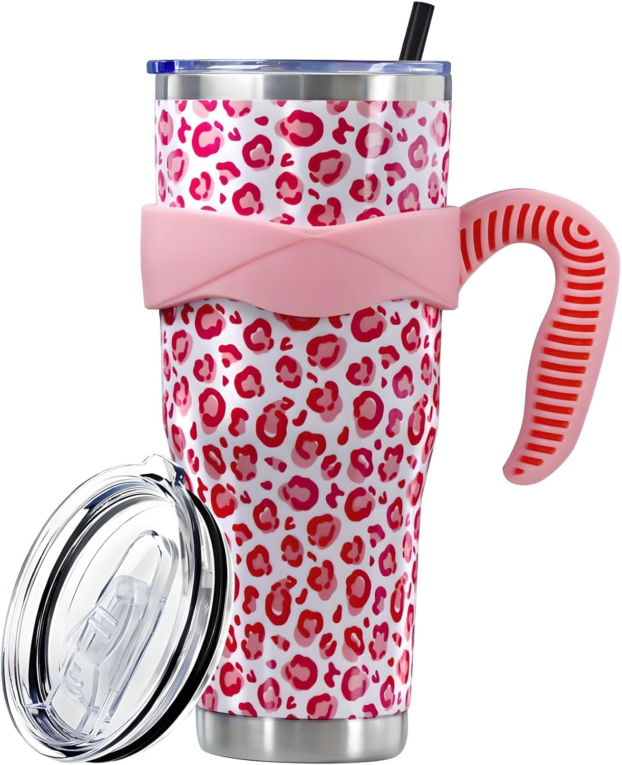 Frostbuddy™ Sunmdecor Pink Leopard Print Tumbler with Handle and Silicone Straws - Insulated Travel Tumbler Cup