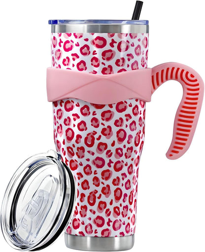 Frostbuddy™ Sunmdecor Pink Leopard Print Tumbler with Handle and Silicone Straws - Insulated Travel Tumbler Cup